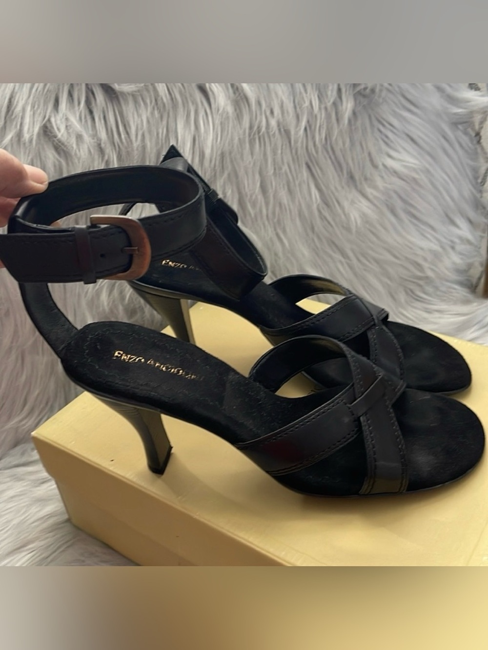 Enzo Angiolini Eaozaria Black Leather‎ Strapy Heels 8.5